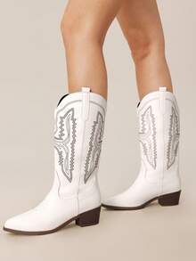 Styleloop 女士新款刺绣西部靴，时尚个性化刺绣厚底靴，波西米亚风，美式复古，适合西部音乐节、派对、圣诞节、万圣节等场合穿着，也适合科切拉音乐节等活动。 - 白色1 - 查看 5