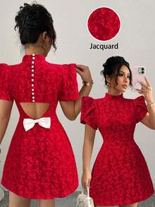 Elenzga 女士复古红色纹理面料泡泡袖优雅高领露背蝴蝶结撞色镂空腰部修身独特设计迷你连衣裙，夏季 - 紅色 - 查看 1