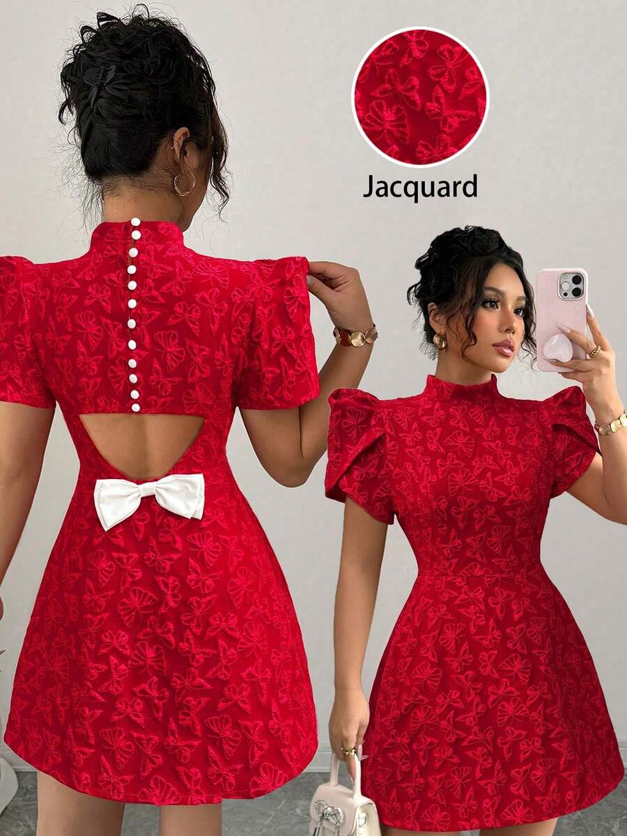 Elenzga 女士复古红色纹理面料泡泡袖优雅高领露背蝴蝶结撞色镂空腰部修身独特设计迷你连衣裙，夏季 - 紅色 - 查看 1