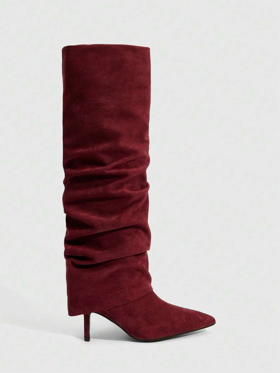 Daringsoles Autumn/Winter New Slim Leg Boots, Pointed Toe, Slim Heel, Mid-Calf Boots, Simple & Versatile Brown Style - Rose Red - View 1