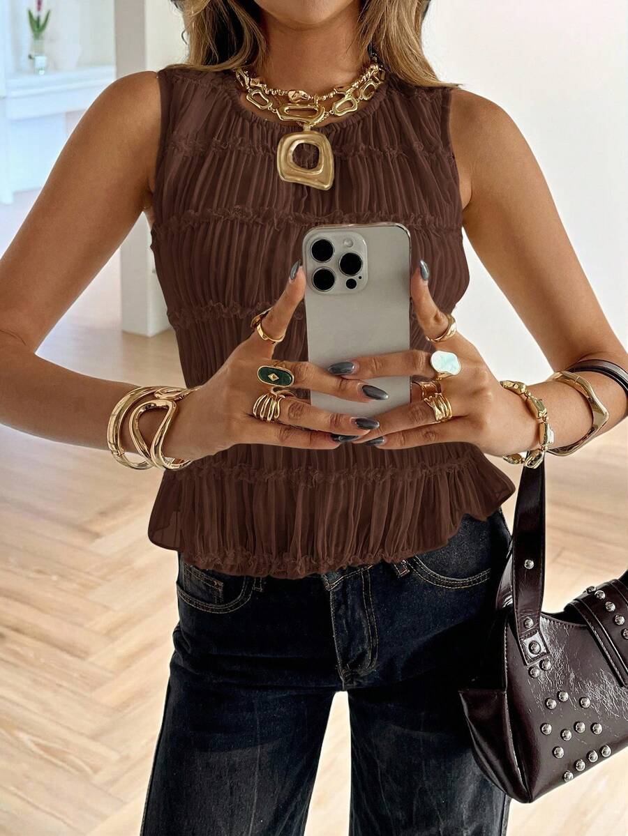 Siren Gaze Women's Solid Color Lace Trim Pleated Round Neck Camisole Brown Blouse Brown Top Summer Top Dark Brown Top Western Top Brown Summer Top - Coffee Brown - View 1