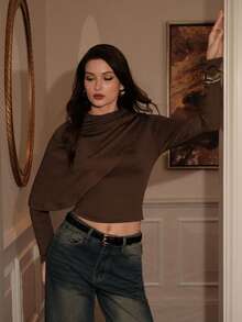 Modelyn 1pc Women's One-Shoulder Fitted Long Sleeve Elegant Commuter T-Shirt - Coffee Brown - View 3