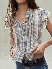 SoleilVie 女士格子荷叶边蕾丝拼接复古花卉衬衫 - 藍白色 - 查看 4