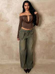 SHEIN Glamour 性感镂空金属装饰女士露肩长袖T恤，秋季款 - 棕色 - 查看 5