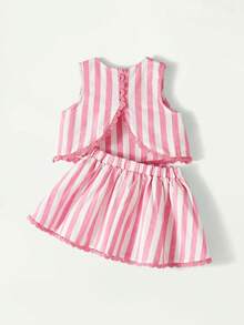 Maija Kids 两件套少女优雅都市校服风格粉色条纹荷叶边圆领背心和短裤套装，适合返校、日常休闲穿着、外出、聚会、假期、春夏穿着。 - 彩色 - 查看 4