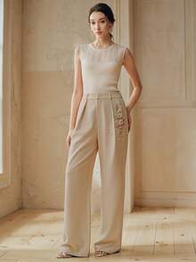 Anewsta Pantaloni da donna in tessuto jacquard, pantaloni eleganti da vacanza per signore con gamba dritta e decorazioni in perle - Albicocca - Visualizzare 5