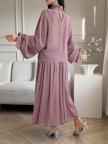 DAZY Women's Rhinestone Embellished Mandarin Collar Bowknot Cuff Allover Print Blouse And Loose A-Line Skirt Elegant 2-Piece Set - Dusty Purple - View 3