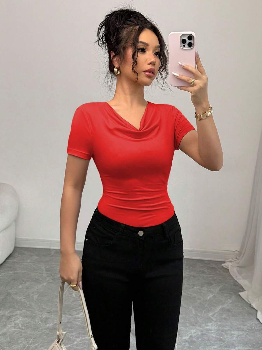 Elenzga Elegant Draped Neck Asymmetric Ruffle Short Sleeve T-Shirt, Summer - Red - View 1