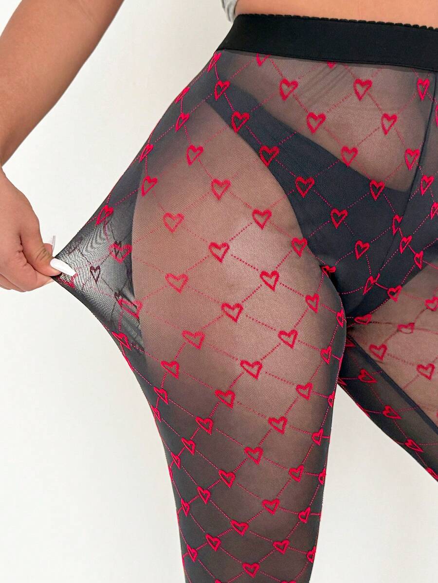 GalTyme Quần legging lưới họa tiết trái tim dành cho nữ cỡ lớn, thời trang và gợi cảm. - màu đen - Xem 1