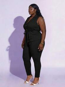 CurvyTilda 大碼素色斜口袋長褲 - 黑色 - 查看 4