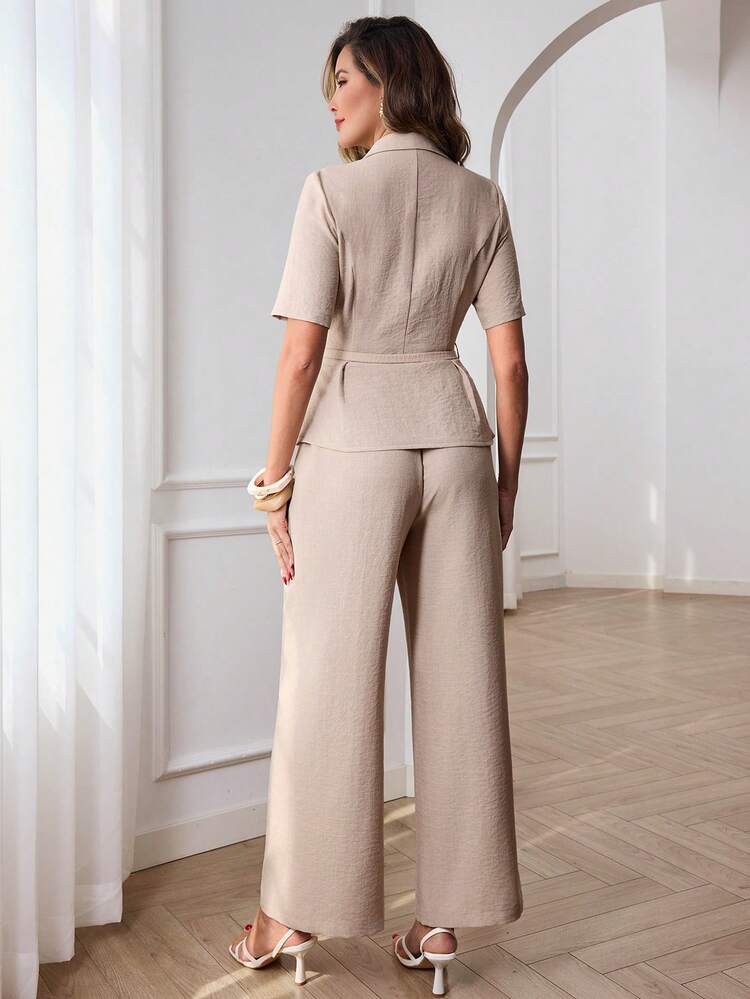 Elegant Khaki Two-Piece Set For Women Summer Spring Formal Outfit With Belted Blazer And Wide Leg Pants, Ideal For Wedding Guest Graduation And Formal Office Occasions