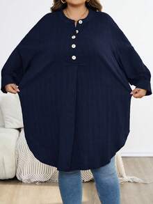 SHEIN CURVE+ Áo sơ mi dài tay đơn giản màu trơn dành cho nữ cỡ lớn - Màu xanh hải quân - Xem 4