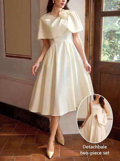 Vintamour Vintage Classic Elegant 2 Pieces Set, Spring/Summer Fitted 3D Floral 2 Pieces Capelet Set, Beige 2 Pieces Set