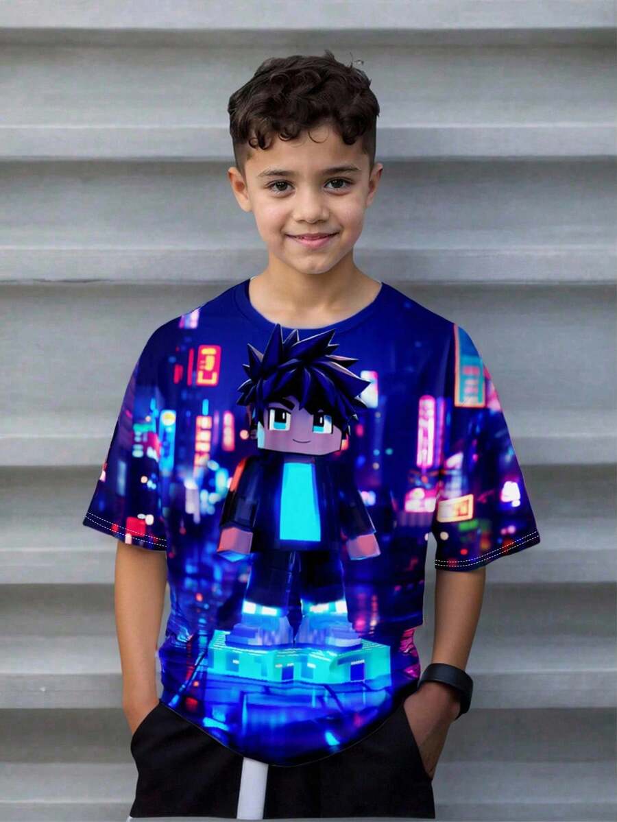 SHEIN 方领休闲图案 T 恤，适合青少年男孩，图案包括 MC、城市英雄、漫画、动漫、霓虹灯、城市、赛博朋克、游戏、游戏世界等，适合夏季 - 彩色 - 查看 1