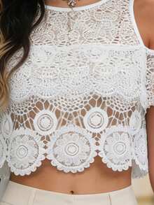 Balvessa Women's Solid Color Round Neck Embroidered Off-Shoulder Hollow-Out White Blouse - White - View 5