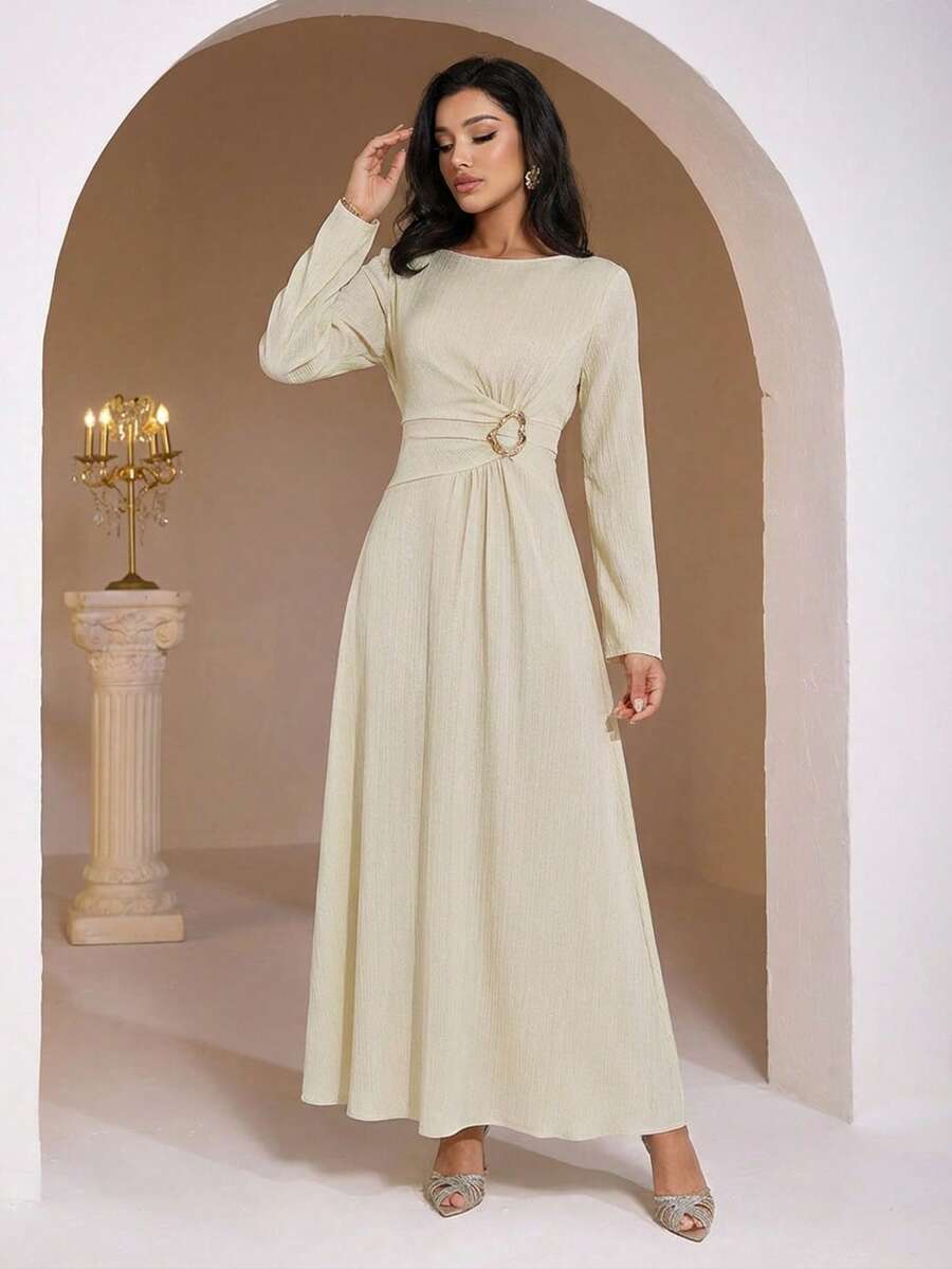 Veilorie 女士优雅金属装饰纹理连衣裙，秋季 - 杏色 - 查看 1