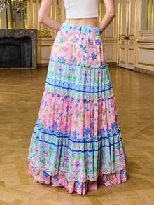 LOTSLUV Women's Blue & Pink Placement Print, Ruched Flounce Hem, High-Low Hem, A-Line Skirt - Multicolor - View 2