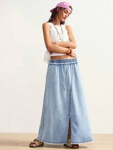Bohemela Women's Denim Midi Skirt, Loose Straight Long Skirt, Solid Color, Drawstring Belt, Slit Pockets, Casual Denim Midi Skirt, Light Blue Denim Midi Skirt Summer Clothes  Spring Outfit Women  Valentine's Day Beach Outfits For Women Beach Outfit  Vacation Outfits Women  Y2k Clothes Beach Skirt - Light Wash - View 3