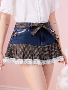 ROMWE Kawaii 女士波点撞色蕾丝边饰腰带褶裥牛仔迷你裙 - 深色水洗藍 - 查看 5