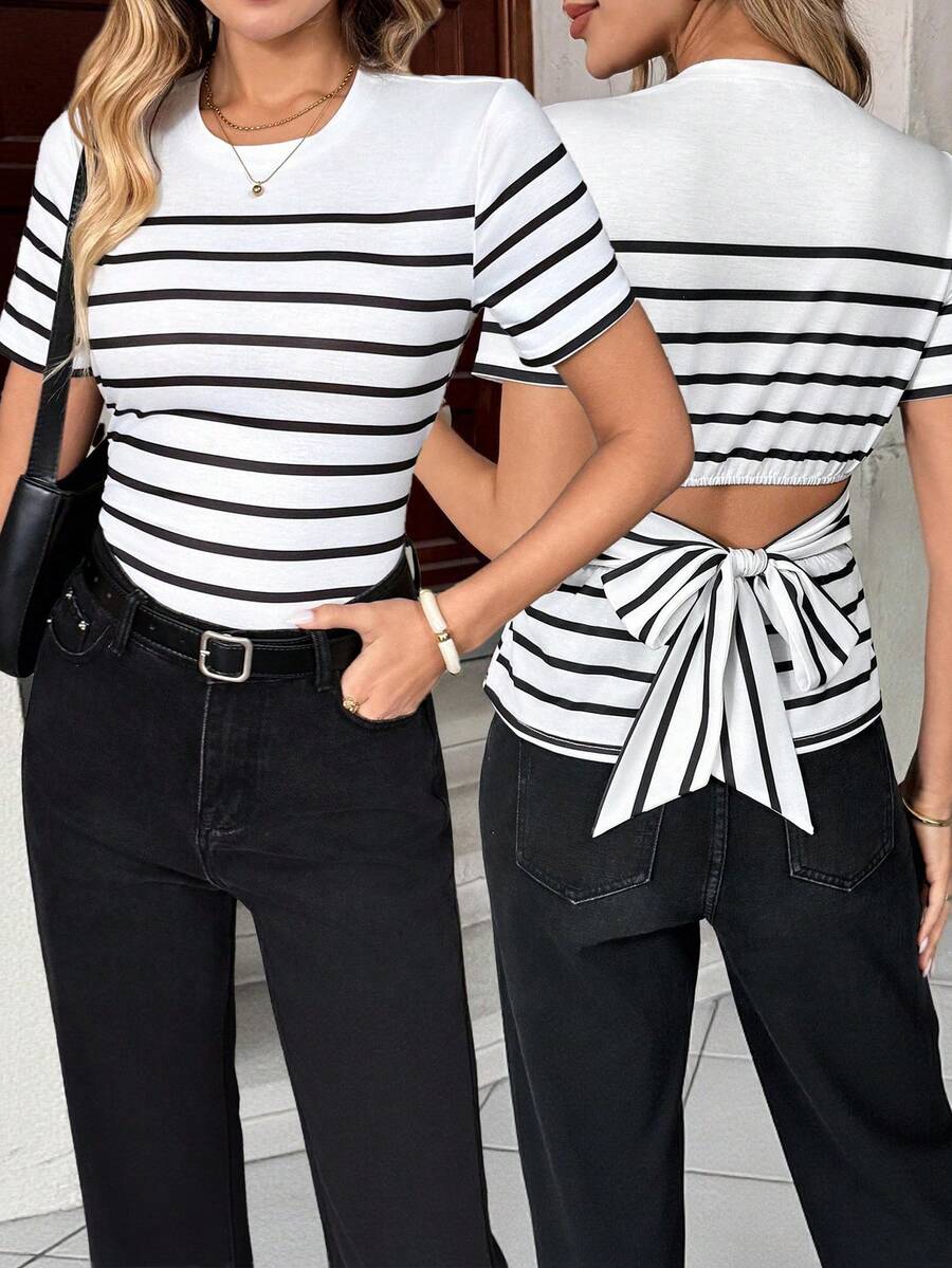 Chiquease 女士优雅度假休闲条纹露背蝴蝶结T恤 - 白色 - 查看 1