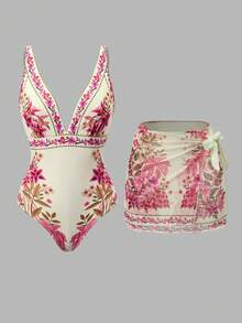 SHEIN Swim Oasis 女士优雅休闲波西米亚风中式蓝白热带棕榈树花卉印花连体泳衣及沙滩罩衫套装，适合海滩度假 - 彩色 - 查看 1
