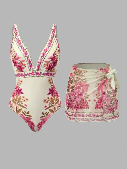 Swim Oasis Women's Elegant Casual BOHO Chinoiserie Blue & White Tropical Palm Tree Floral Print One-Piece Swimsuit & Beach Cover Up Set, Suitable For Beach Vacation Beach Club Outfit Beach Dinner Outfit Pool Party Outfit Women Vegas Summer Outfits Havana Nights Outfit