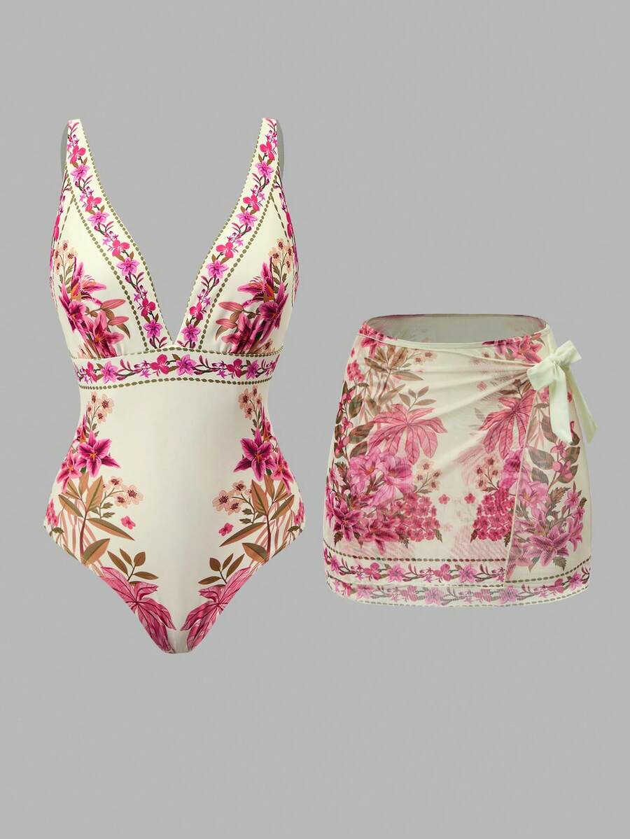 SHEIN Swim Oasis 女士优雅休闲波西米亚风中式蓝白热带棕榈树花卉印花连体泳衣及沙滩罩衫套装，适合海滩度假 - 彩色 - 查看 1