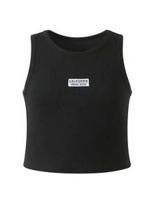 女童休闲度假黑色针织修身吊带背心，夏季细肩带上衣，柔软修身设计，适合度假、旅行、校园、日常穿着 - 黑色 - 查看 4