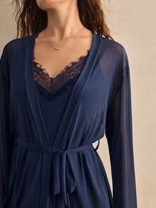 Charlaine Women's Elegant Sexy Contrast Lace Camisole Nightgown And Robe Set - Navy Blue - View 5
