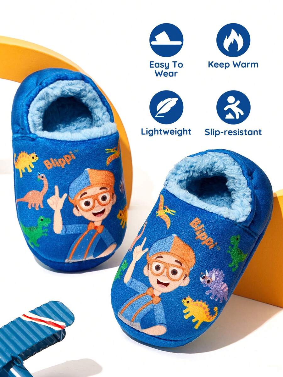 Blippi X SHEIN Cute Cartoon Dinosaurs Blue Children Boys Non-Slip Indoor Slippers Toddlers & Kids Soft Plush Warm Winter House Shoes, Lightweight And Durable, Anti-Slip Silicone Dots,Home Bedroom Air-Conditioned Room Spring, Autumn And Winter - Blue - View 1