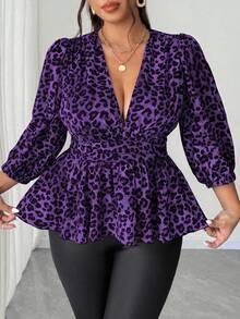 Elenzga Plus Size Casual Leopard Print V-Neck Short Sleeve Ruffle Hem Blouse - Purple - View 5