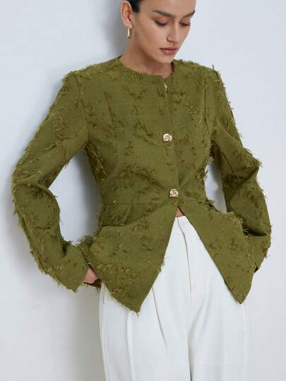 Aveloria Modichic Olive Green Textured Fringe Embroidered Jacket, Unique 3D Embroidery Craft, Vintage Elegant Style, Suitable For Commuting, Business And Daily Wear, Round Neck, Metal Decorative Buttons, Slim Fit, Strong Structural Design, Keywords: Embroidered Jacket, Textured Fabric, Metal Buttons, Slim Fit, Vintage Style, Commuter Wear, Autumn/Winter New Item, Structural Cut, Elegant Women. Fashionable Design Sense, Versatile Casual Commuter Jacquard Solid Color Long Sleeve Jacket