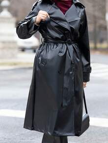 Melissa Matos Women's Fashionable Double-Breasted PU Trench Coat, Autumn - Black - View 4