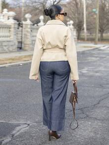 Áo khoác trench coat nữ ngắn, cạp chun màu kaki, đa năng cho mùa thu/đông - Màu Khaki - Xem 2
