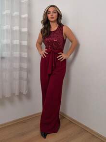 Jeta Ari French Elegant Holiday Jumpsuit, Sheer Sequin Patchwork, Back Zipper Closure; Waist Fabric Belt, Puff Sleeve Ruched Design, Wide Leg Pants - Burgundy - View 1