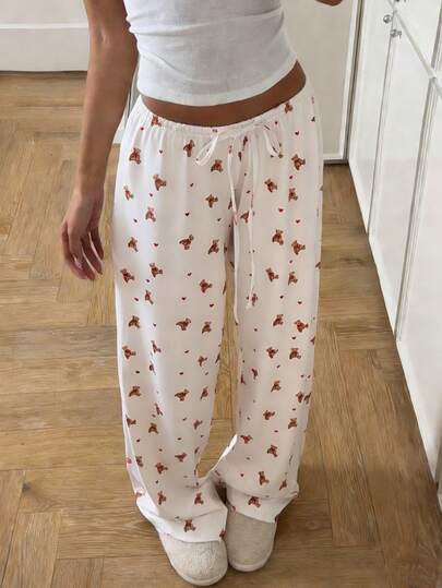 CovetEZ Pantaloni casual largi pentru femei, cu imprimeu de ursuleți de desene animate și șnur, cu talie reglabilă