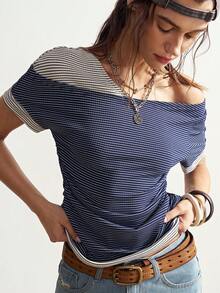 Bohemela Lässiges zweifarbiges gestricktes gestreiftes Patchwork-T-Shirt mit unregelmäßigem Ausschnitt, Fake-Zweiteiler-Kurzarm-T-Shirt, Sommeroutfits für Frauen, Urlaubsoutfits für Frauen, Frühlingsoutfits für Frauen, Sommertops, lässige Outfits für Frauen - marineblau - Übersicht 2