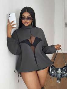 Maweii Plus Size Women Casual Contrast Mesh Raglan T-Shirt, Autumn - Grey - View 7