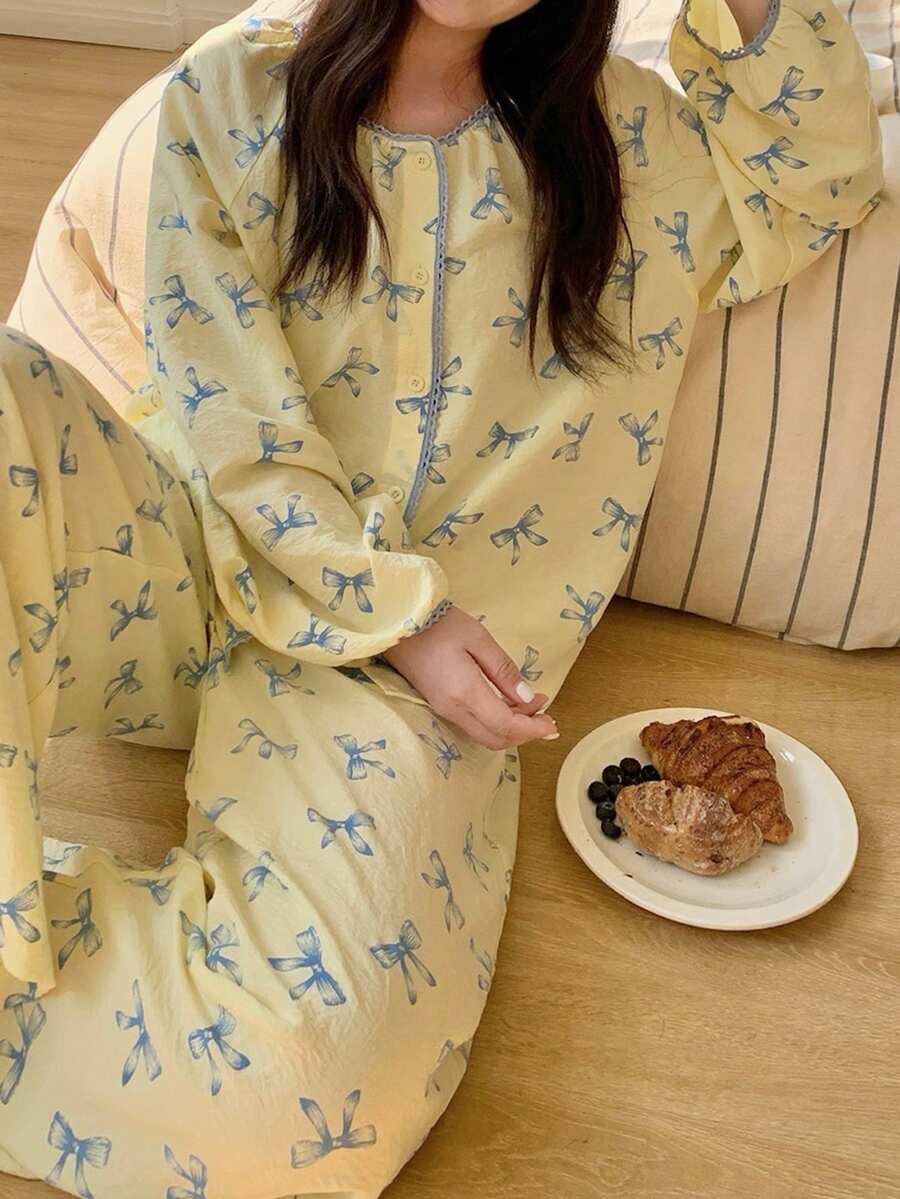 Dazy Plus 大码女式蝴蝶结印花纽扣长袖上衣和裤子睡衣套装 - 黃色 - 查看 1