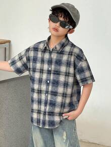 DAZY Tween Boy Rutig Kortärmad Enkelknäppt Avslappnad Lös Skjorta - Blå - Visa 9