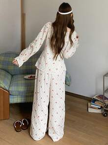 DAZY Women's Sweet Cherry Polka Dot Allover Print Ruffle Collar Pajama Set - White - View 2