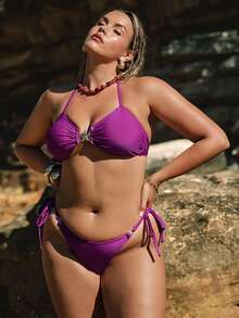 SHEIN BAE Plus Size Solid Color Swimwear Set Beach Outfits For Women - Purple - View 4