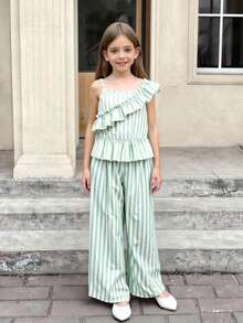 SHEIN Tween Girls Striped Sleeveless Top And Pants Set - Green - View 4