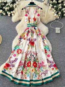 Franclia Casual Vacation Shirt Collar Sleeveless Printed Pattern Dress For Women - Multicolor - View 2