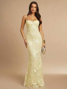 Silquee Sexig, åtsittande klänning med 3D-mönster och blommönster - Gul - Visa 5