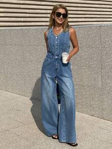 DAZY Women's V-Neck Strap Washed Denim Jumpsuit, Casual City Style - Medium Wash - View 1