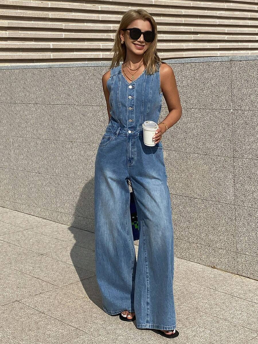 DAZY Women's V-Neck Strap Washed Denim Jumpsuit, Casual City Style - Medium Wash - View 1