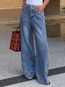 DAZY 女士常规腰围喇叭裤脚优雅牛仔裤 - 深色水洗藍 - 查看 3