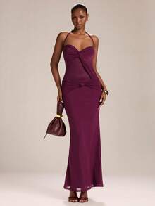 SHEIN BAE Women's Purple Waist Sheer Halter Mermaid Hem Sexy Dress, Vacation Dress - Purple - View 1