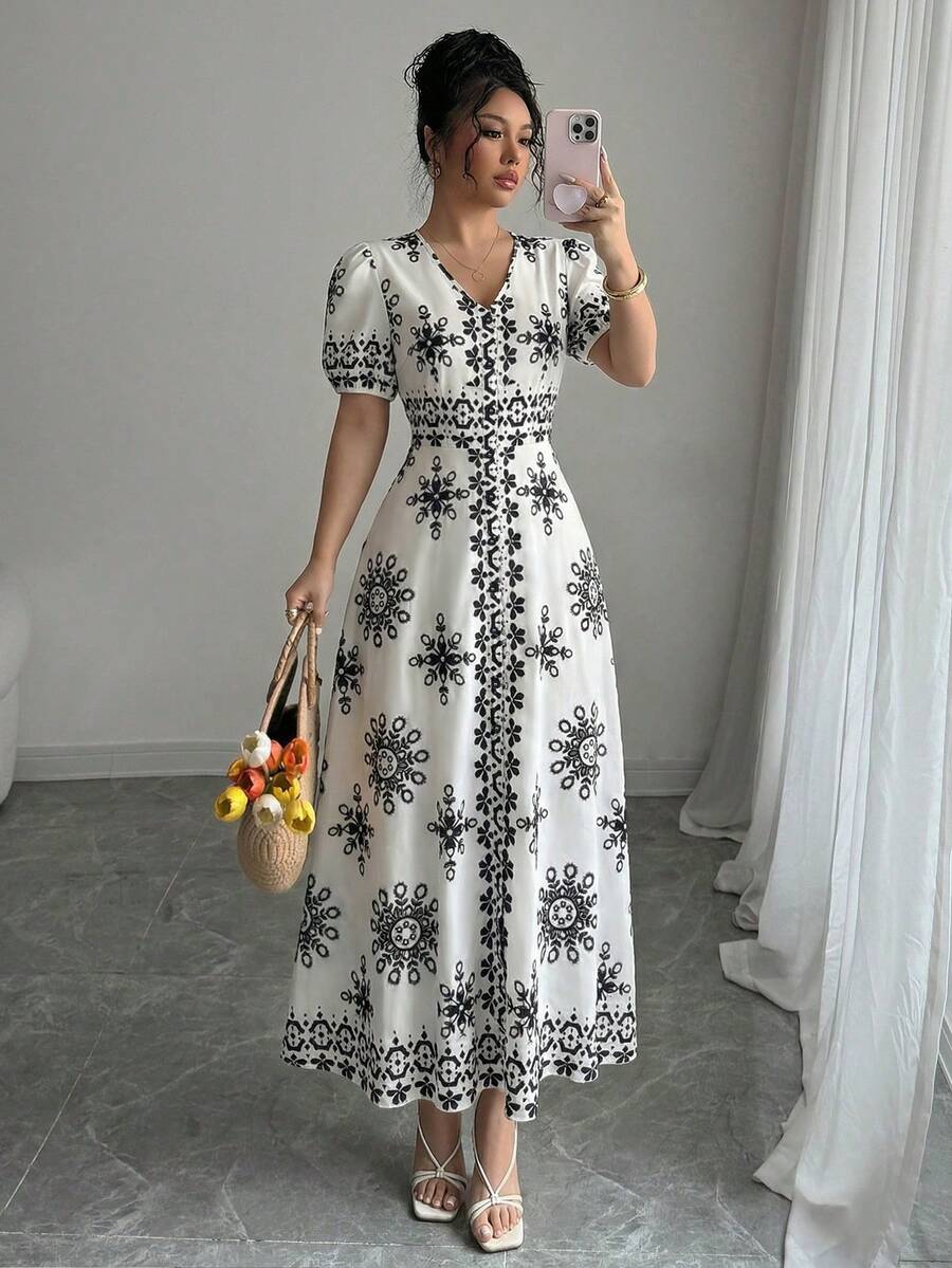 SHEIN Elenzya Robe décontractée élégante pour femmes avec col en V profond, imprimé floral, manches bouffantes et taille ajustée. Convient pour le port quotidien, la plage, les vacances, les déplacements, les fêtes familiales - Nude - Voir 1